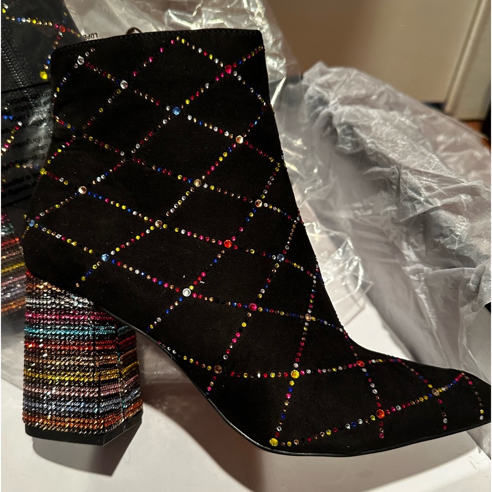 Gently used, Betsey Johnson calf boots with crystal embellished rhinestones